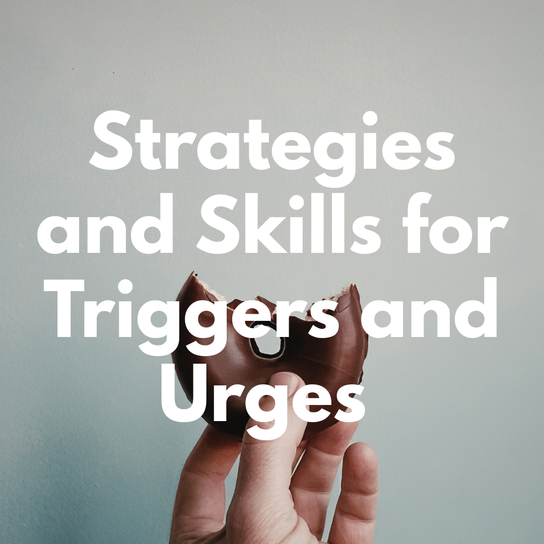 Text reading "Strategies and Skills for Triggers and Urges" over a colorful hexagonal pattern background.