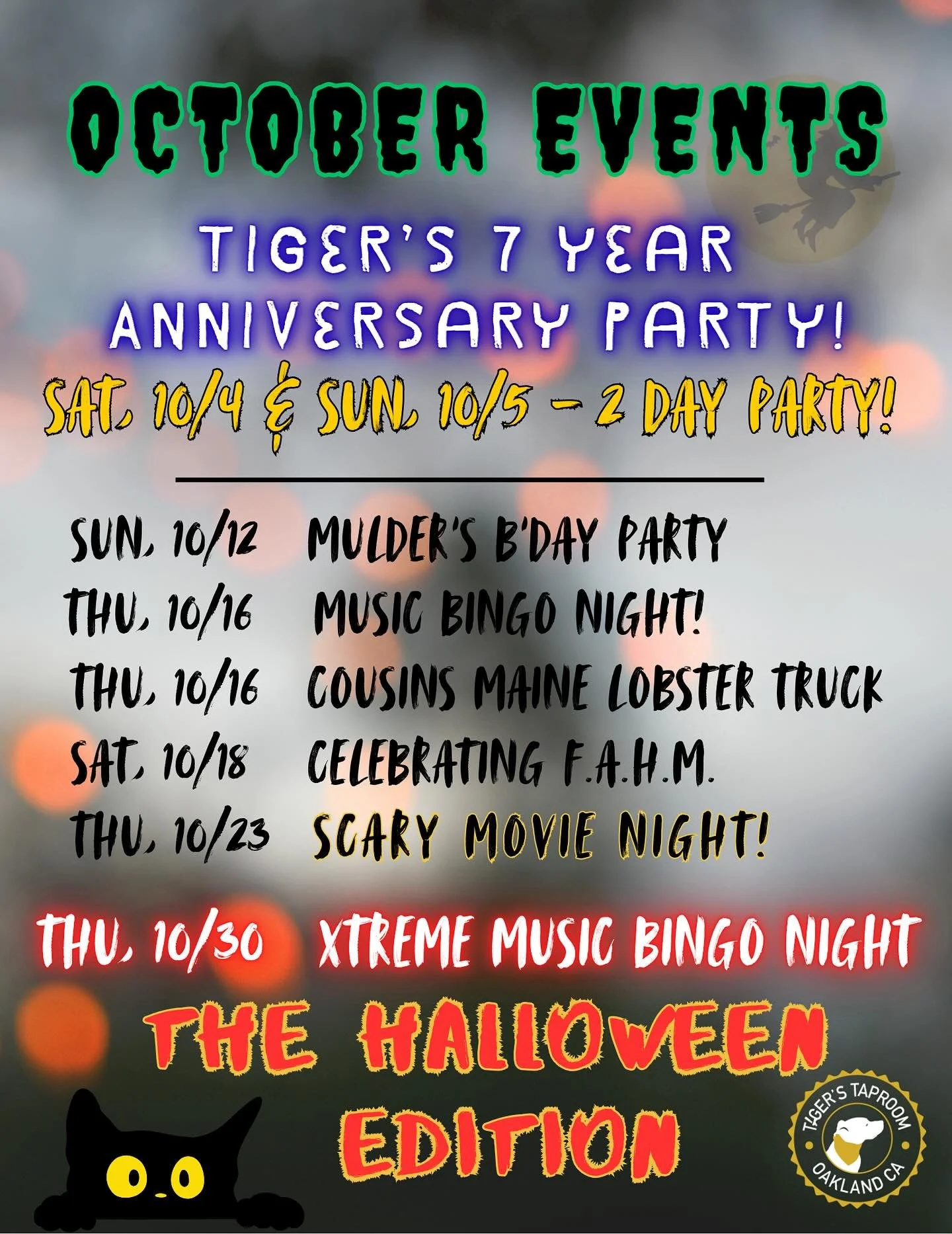 October is finally here and we’ve got a fun lineup of events coming your way!
🎉 10/4–10/5: 7-Year Anniversary Party 🍻🎂
🦞 10/16: Music Bingo + Cousins Maine Lobster
🇵🇭 10/18: Filipino American History Month w/ @say__grace___ 
👻 10/