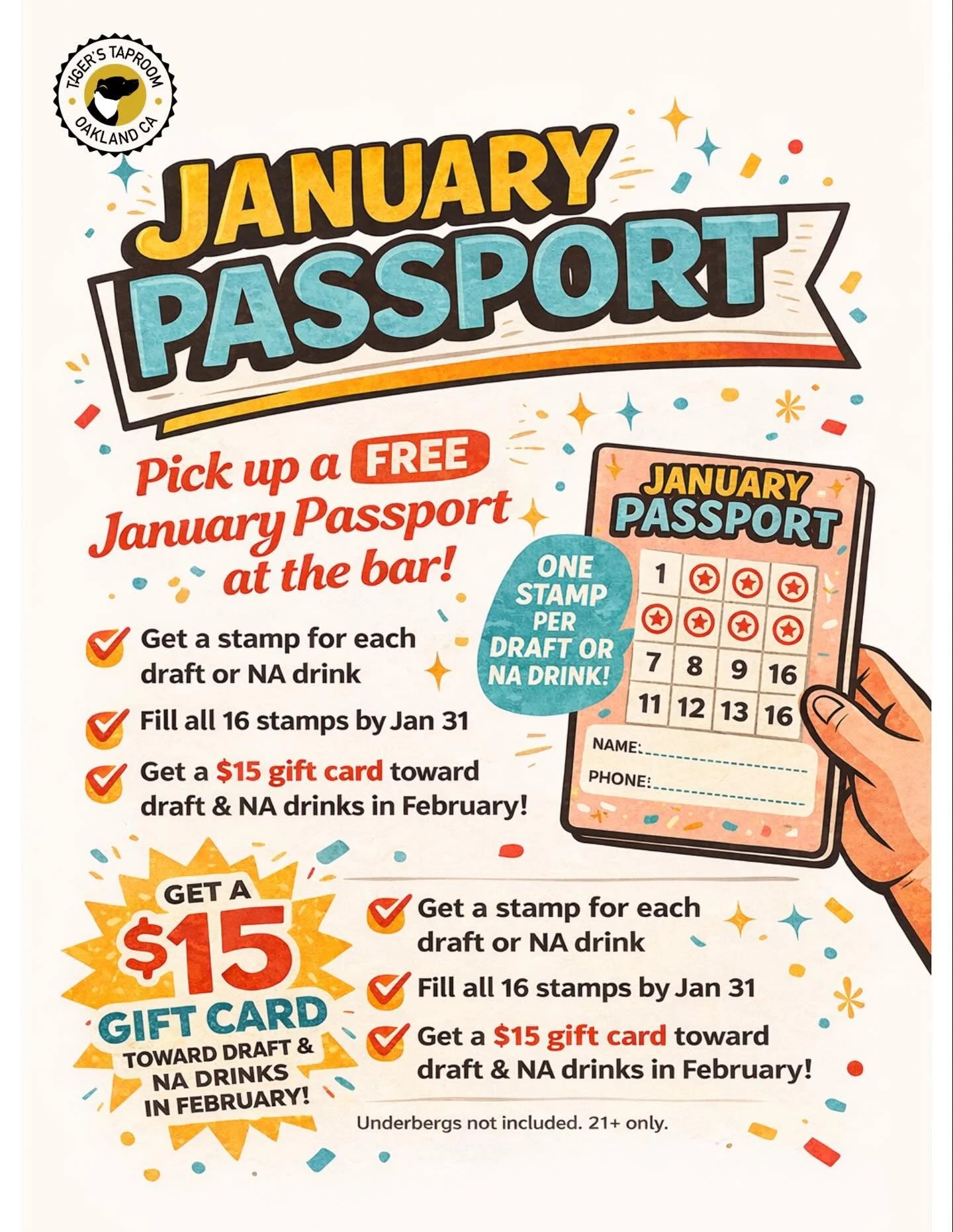 January Passport Kickoff Weekend 🍻
Starts Friday, Jan 2 at 5pm

Grab a free January Passport and get stamped for full pours of draft beer or NA drinks (no half pours). Mocktails, NA beers, and supertonics all count.

We&rsquo;ll keep your passport o