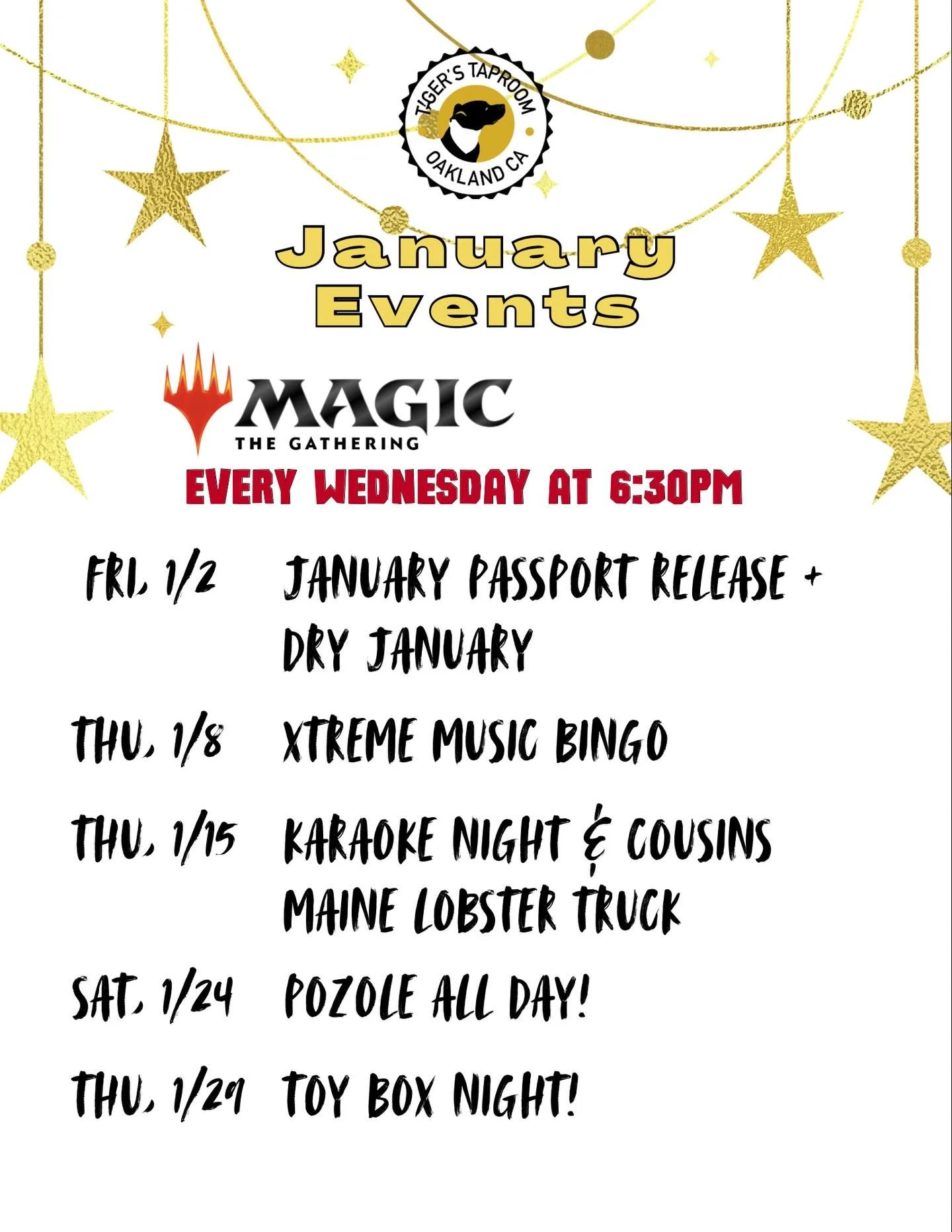 Slow month? Maybe. Boring? Absolutely not.

Here&rsquo;s what we&rsquo;ve got going on at Tiger&rsquo;s this month:

✨ January Passport + Dry January Night &ndash; kick it off with full pours, NA options, and rewards for showing up

🎶 Music Bingo &n