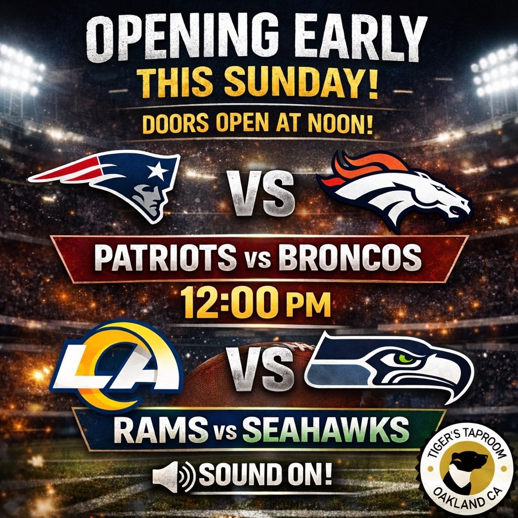 We&rsquo;re opening early this Sunday for two big games, sound ON all day.
Stay for both games.

🕛 12:00 PM &mdash; Patriots vs Broncos
🕞 3:30 PM &mdash; Rams vs Seahawks

🌮 @lasmarianasfoods El Salvadoran Food will be parked out front and serving