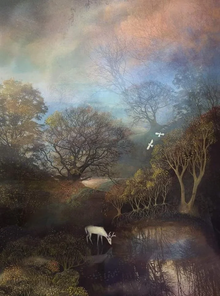 A serene landscape painting of a forest with trees, a meandering river, a white deer drinking water, and birds flying in the sky.