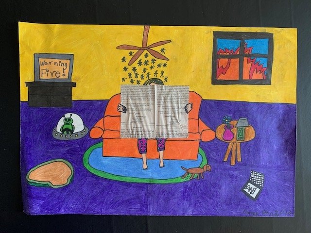 a fantasy living room with a person sitting on a couch while reading the newspaper