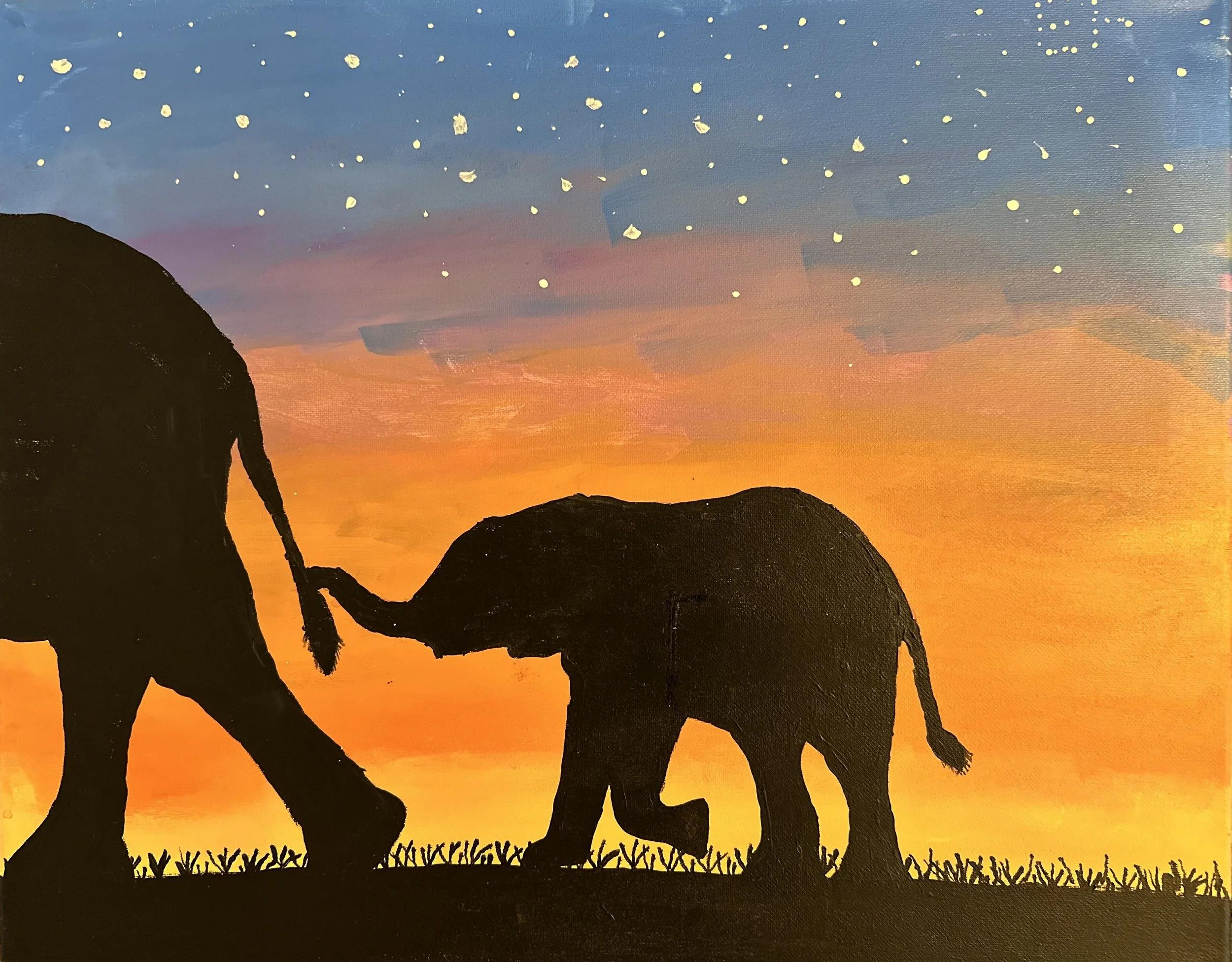 a sunset with silhouettes of a mom elephant leading a baby elephant
