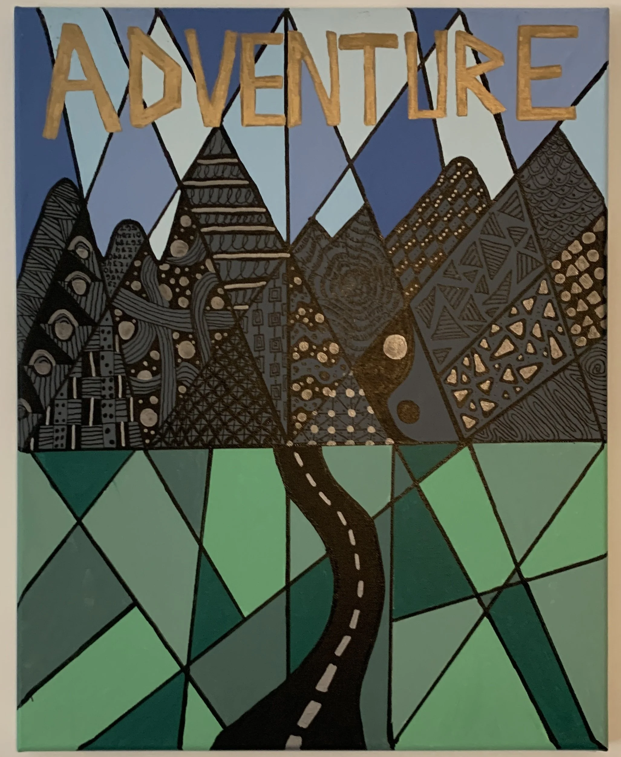 geometric mountain range with "Adventure" in gold lettering