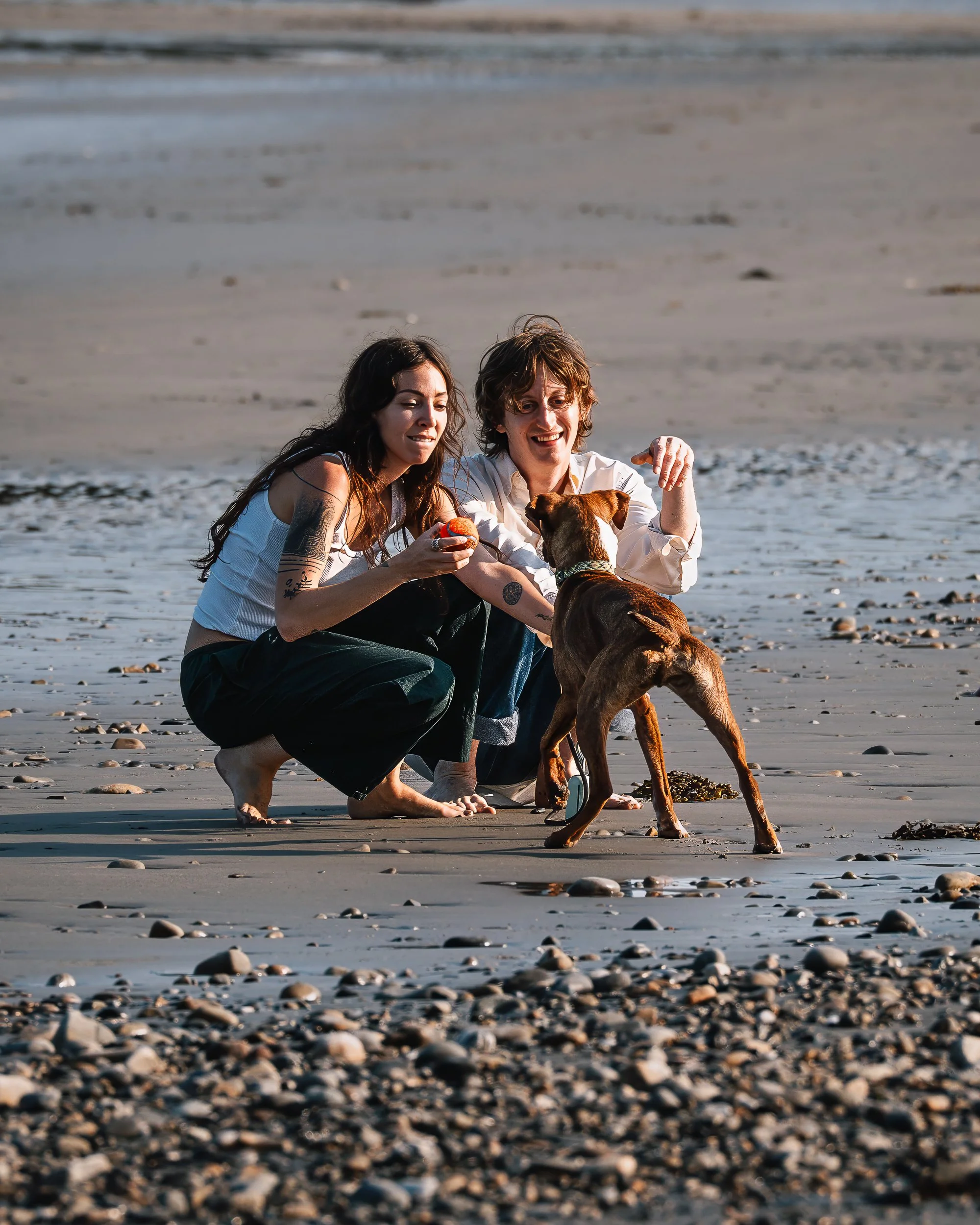 couple crouching laughing interacting with their dog at crescent beach in Owls Head Maine