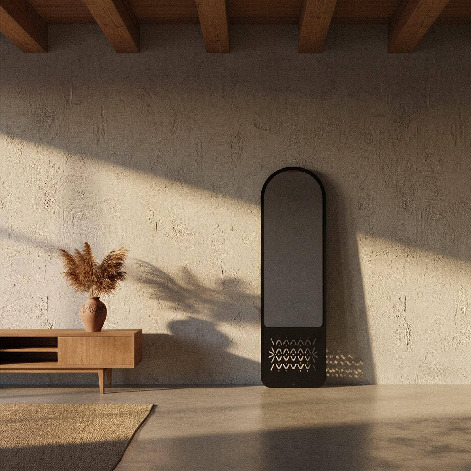 Miniature wooden furniture set on a round woven mat, including a three-tier shelf and a small round table.