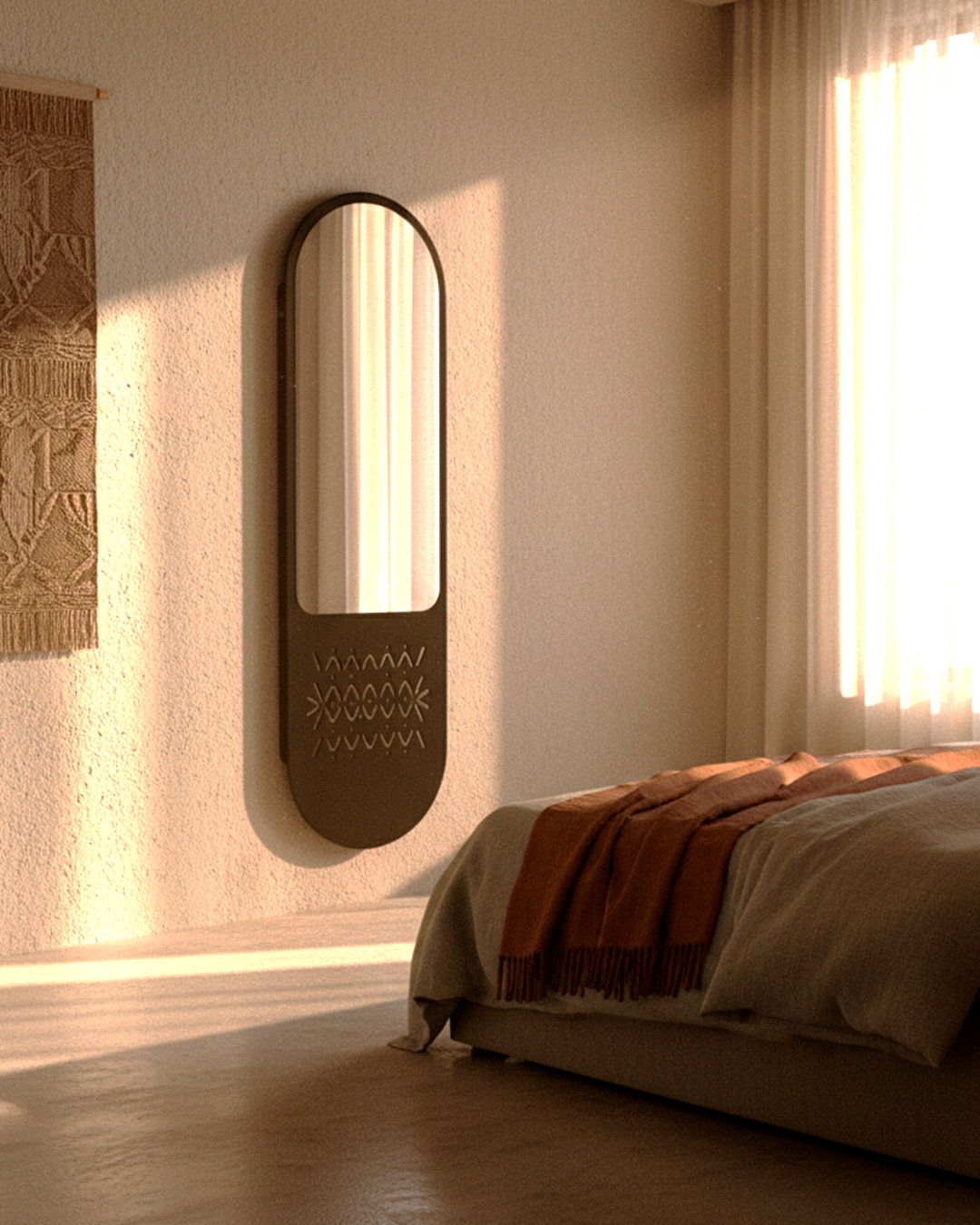 A modern armchair with a colorful, geometric, woven fabric pattern and wooden accents.