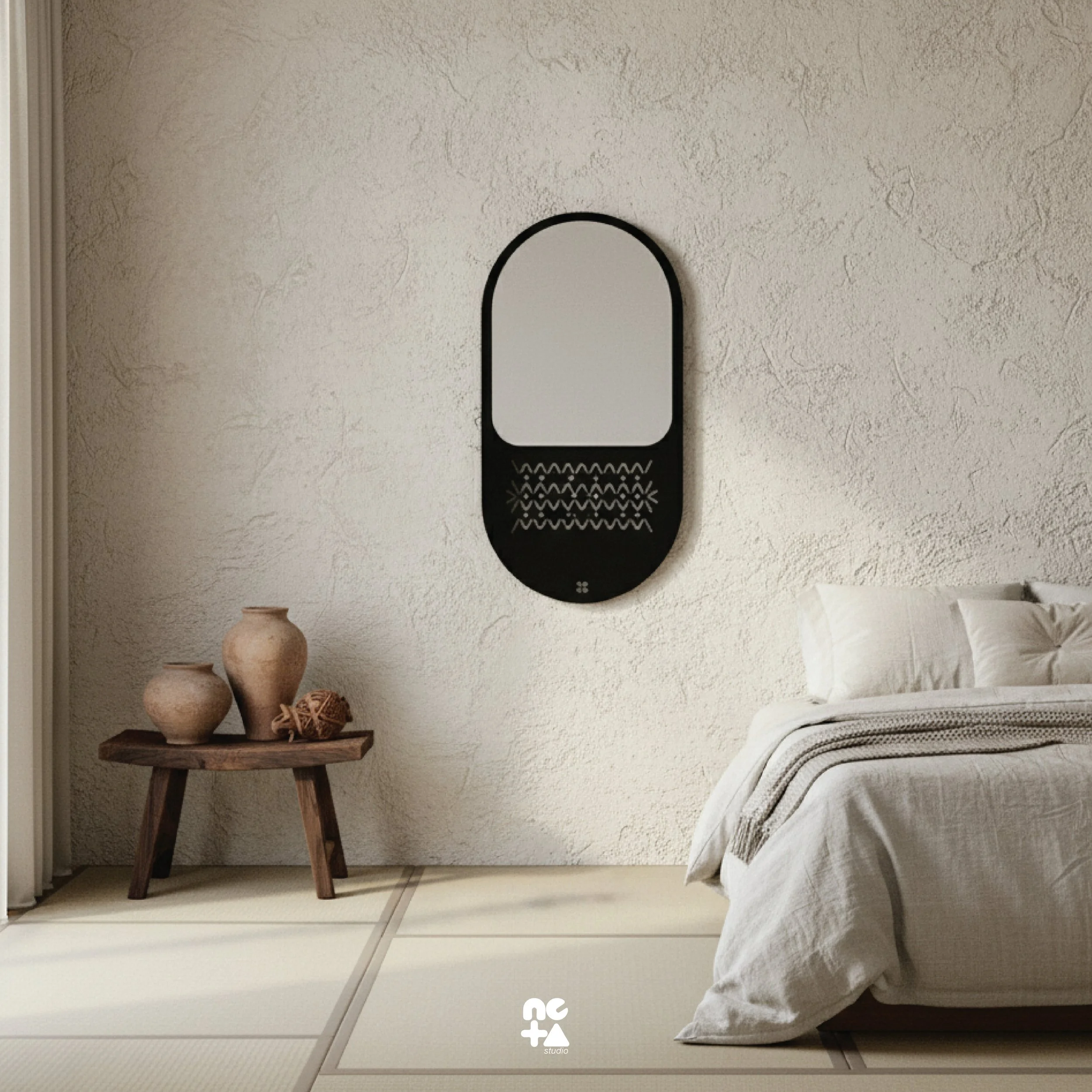 A wooden bench with a curved seat and vertical supports, placed on a round, textured surface with colorful lines.