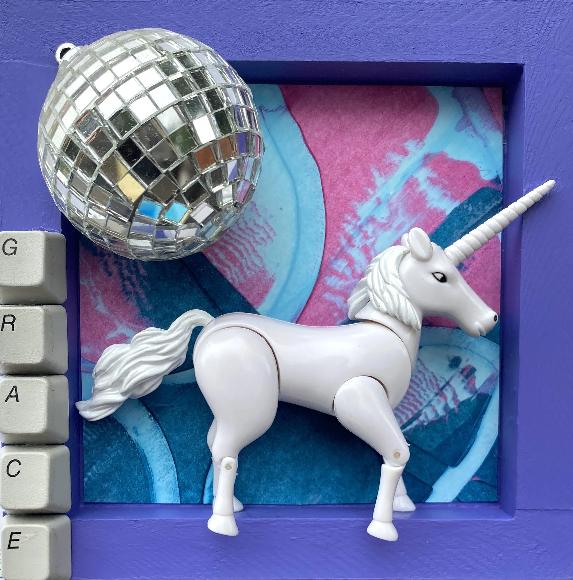 Grace, 2025 (6"x6") $30, acrylic paint & found objects