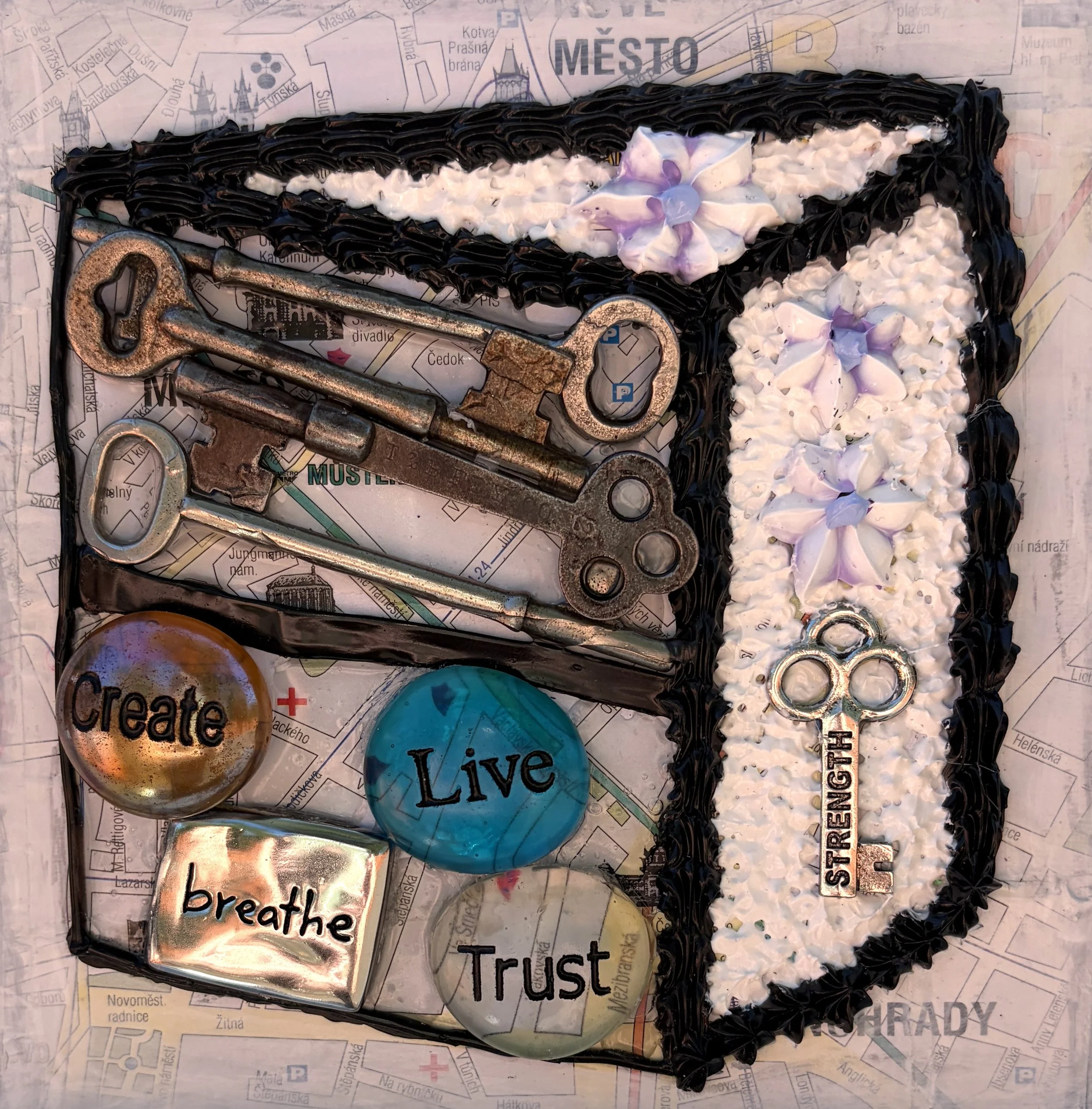 Keys To Prague (6"x6"x.75" mixed media on wood panel) $35