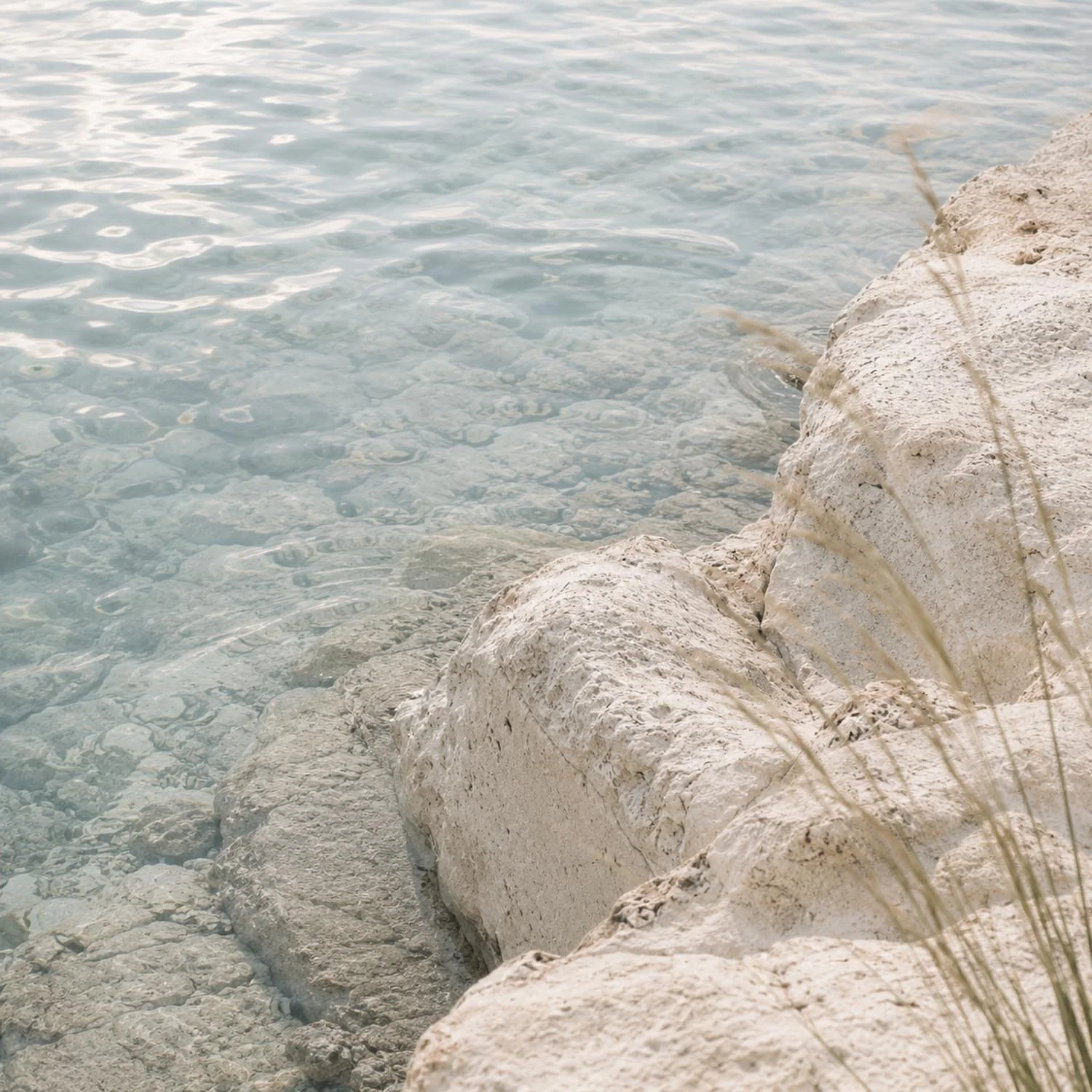 White rocks along a clear, blue body of water, with some grass in the foreground.
