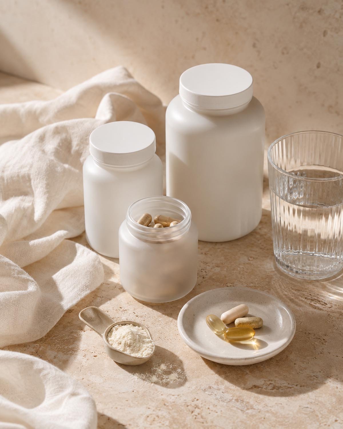 Various white supplement bottles, a glass of water, capsules and powder on a beige marble surface with a soft cloth in the background.