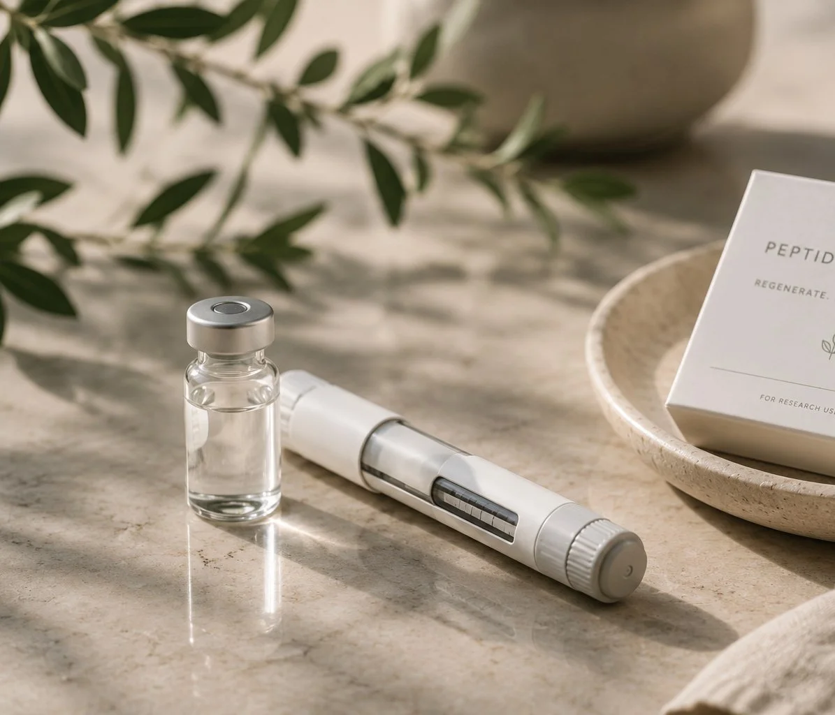 A small glass vial with clear liquid, a white insulin pen with a transparent window showing medication, and a box labeled 'Peptides' are placed on a light-colored marble surface with a plant in the background.