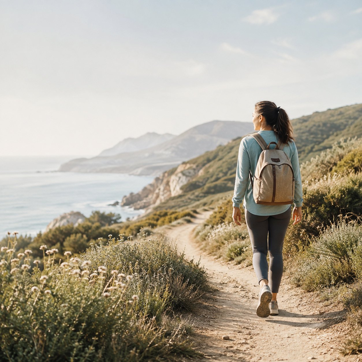 Woman hiking along a coastal trail with hills and ocean in the background.