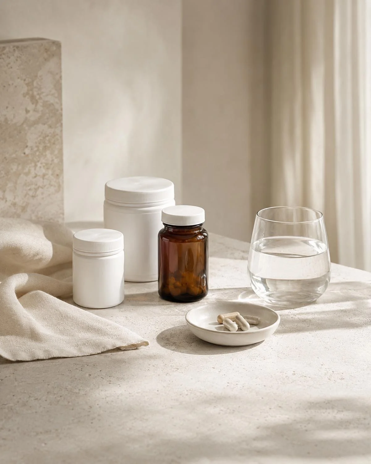 A glass of water, white pill capsules in a small dish, and medication bottles on a beige countertop with soft natural lighting.