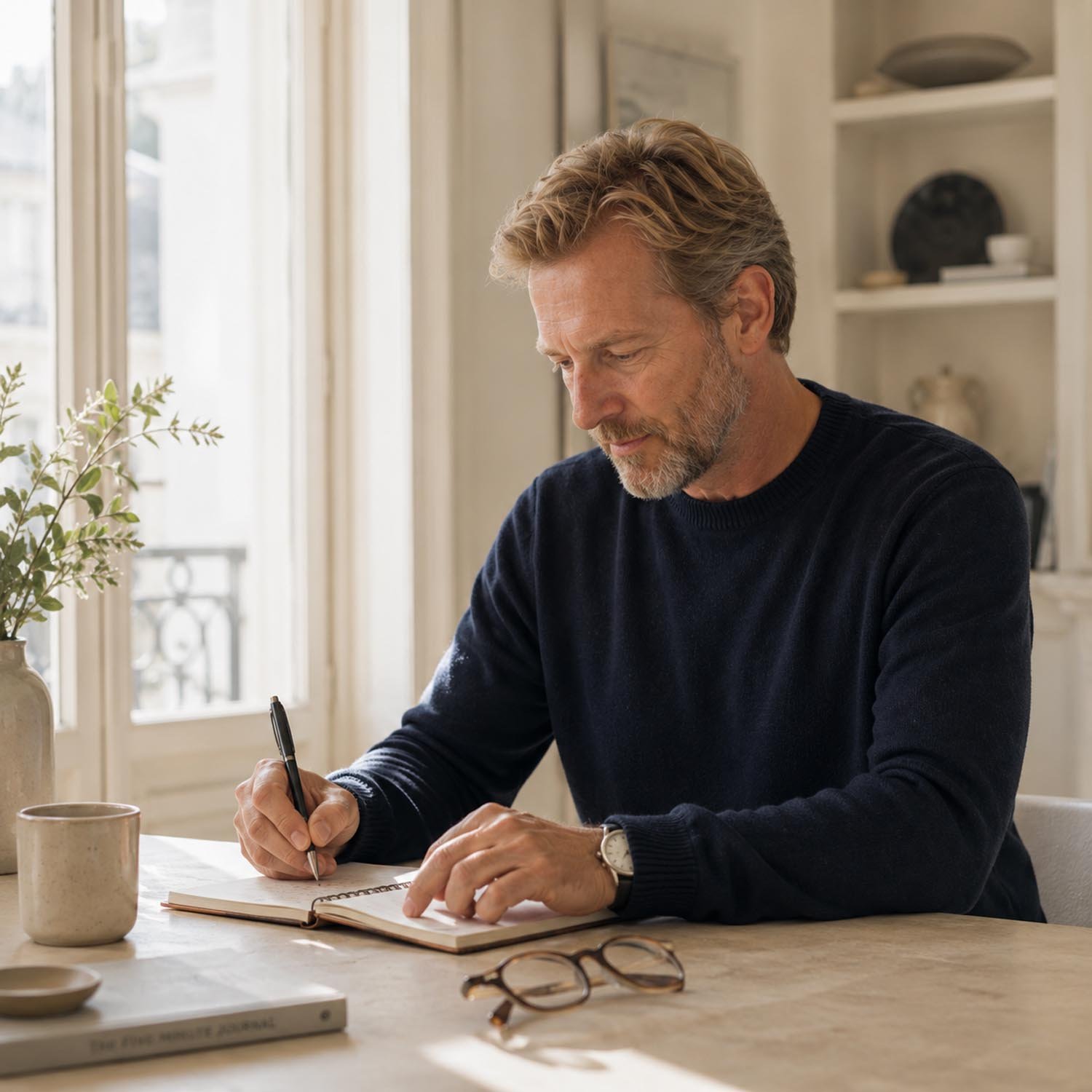 A middle-aged man with gray hair and beard sitting at a wooden table, writing in a notebook with a pen, in a bright room with large windows, a potted plant, tea mug, glasses, and a book on the table.