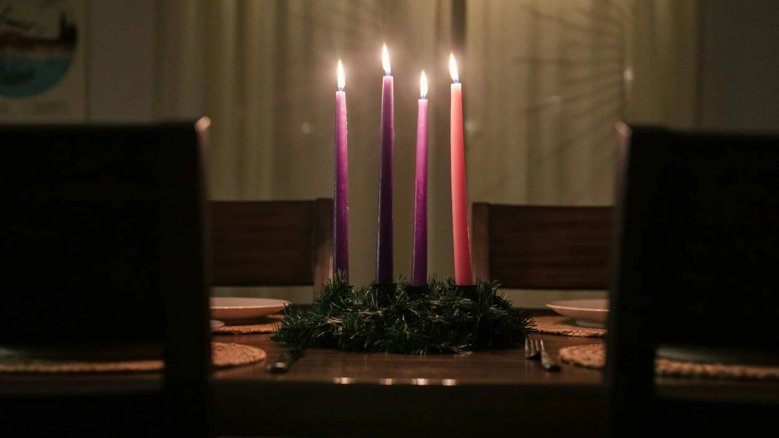 candles, hope, advent, table, wreath, place settings, Christmas, dimly lit