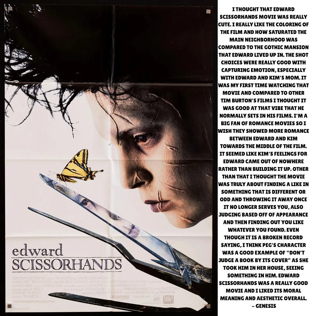 🎬 Filmography Review Alert! ✂️
Our Filmography students just finished watching Tim Burton’s classic, Edward Scissorhands! 🌙
The reviews are in — from the haunting visuals to the heartfelt story, this film sparked some amazing discussio