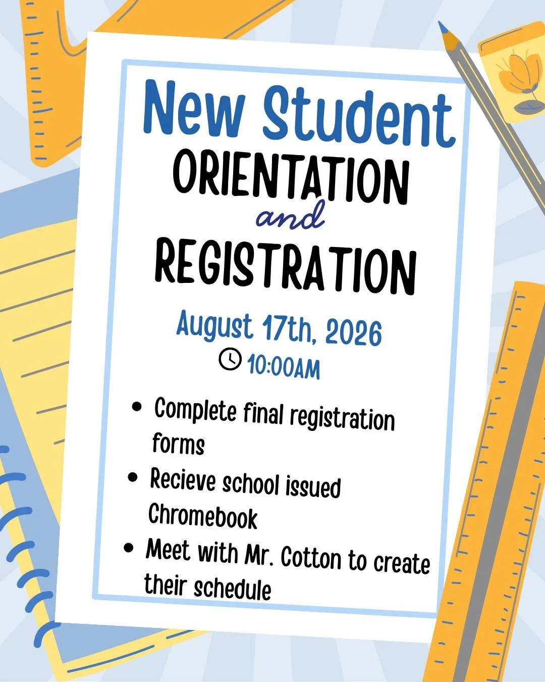 📚 Attention New FlexTech Families! Orientation &amp; Registration is happening next week! 

School Picture Day will be happening on August 27th, not at registration this year. 

If you have any questions, please call the office at 810-844-3366