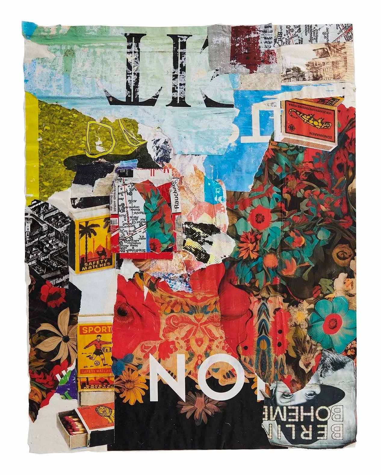 NO,  2024
collage (materials sourced in Berlin, Germany) on rice paper 
21 x 16 inches