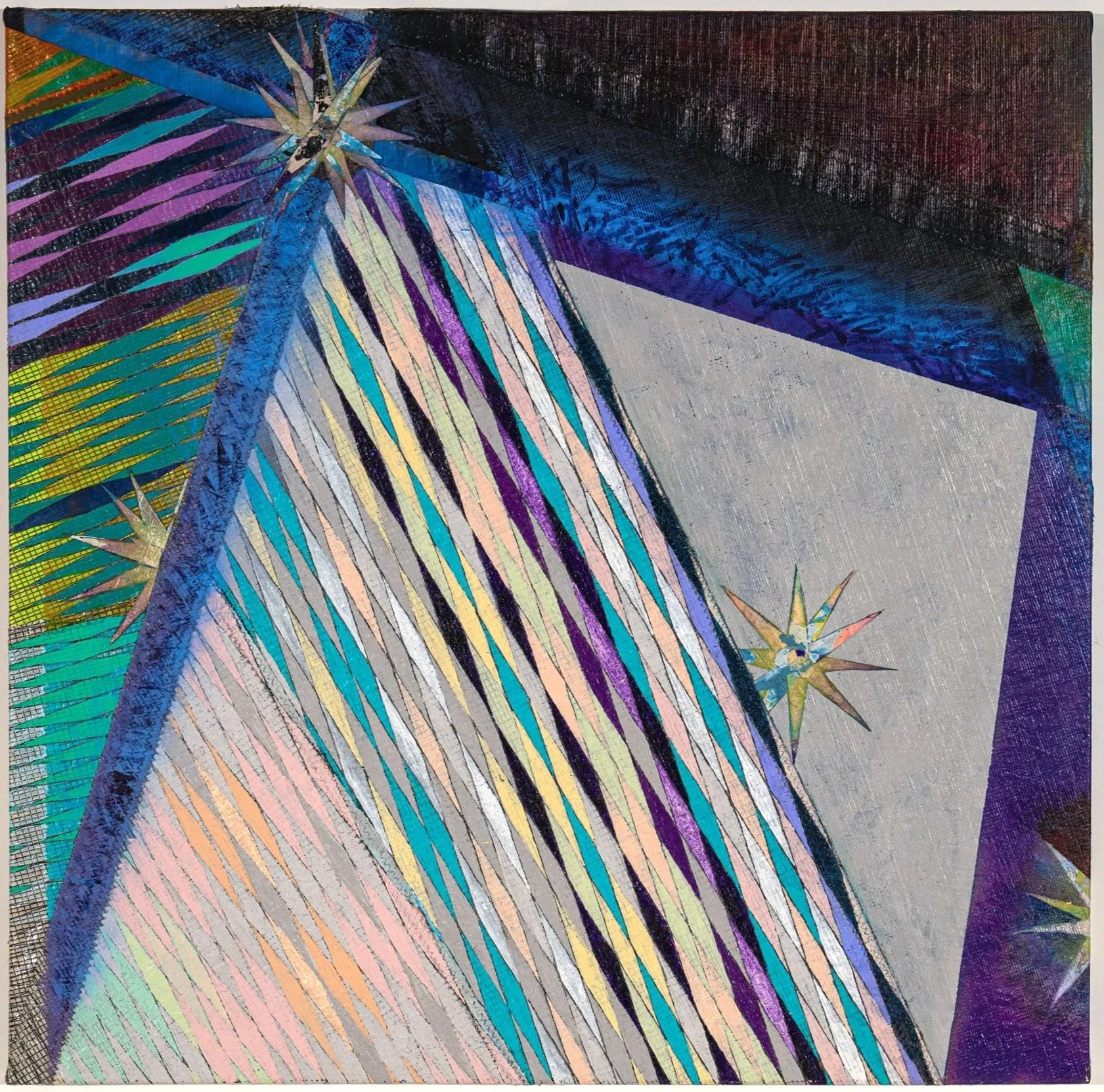 Celestial Navigation, 2025
acrylic, spray paint, collage on composite sail material
40 x 40 inches