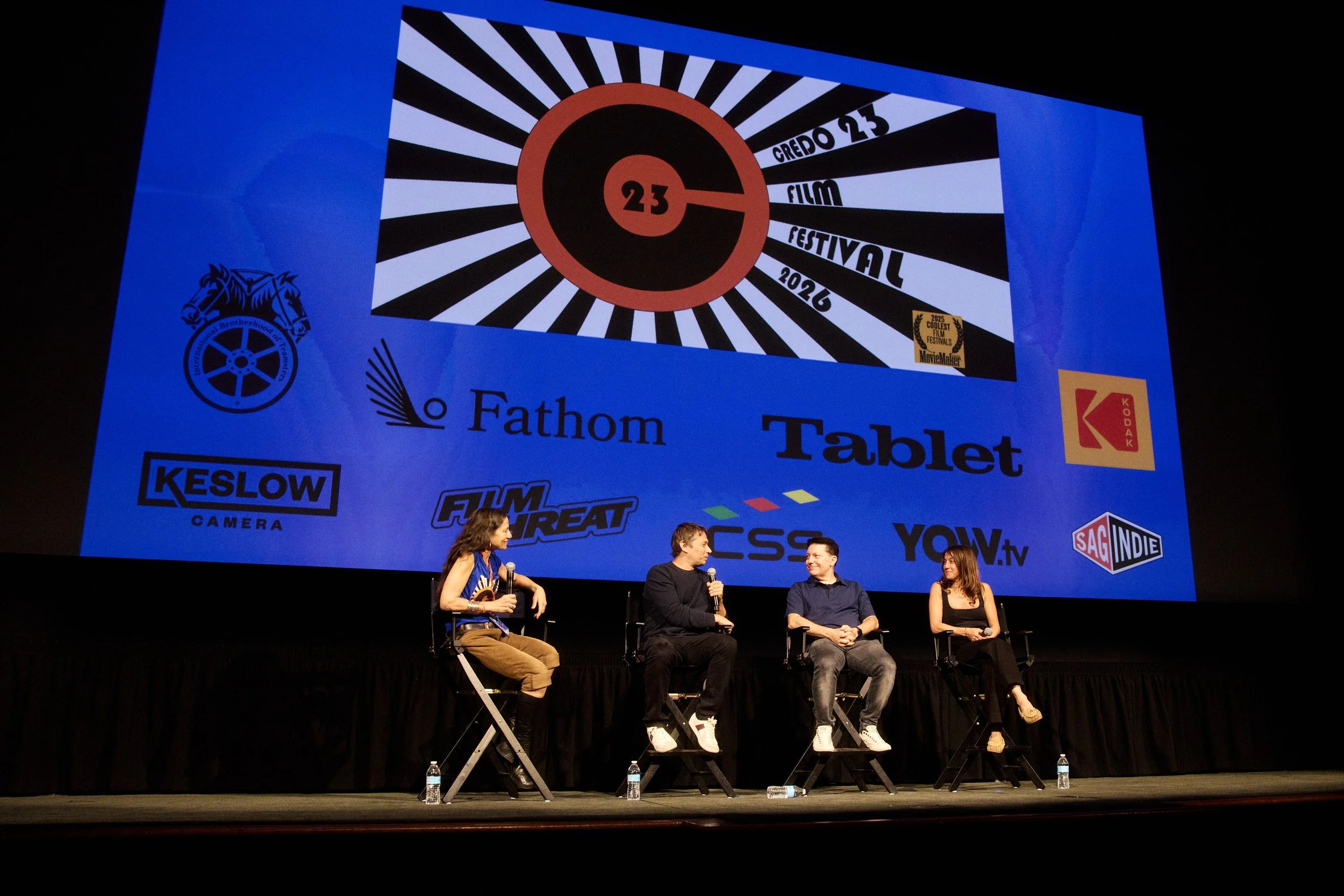 C23FF Founder Justine Bateman with filmmaker Sean Baker, writer Chris Bergoch, and actress Stella Maeve. (Photo by Steven Meiers Dominguez)