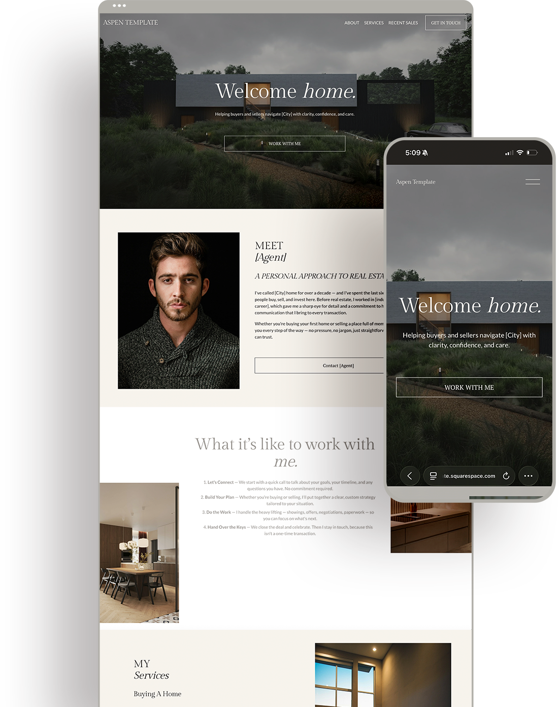 A responsive real estate agent website on desktop and mobile screens. The website features a modern design with a large header image of a contemporary house, the text 'Welcome home,' and a call-to-action button. Below, there is a profile photo of an agent with a brief introduction and contact information. Further down, the section describes working with the agent, and the site layout shows images of interior spaces and service details.