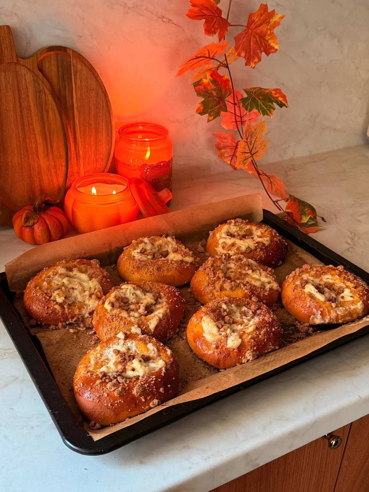 Pumpkin Sweet Buns with Cream Cheese, Walnuts and Cinnamon Streusel