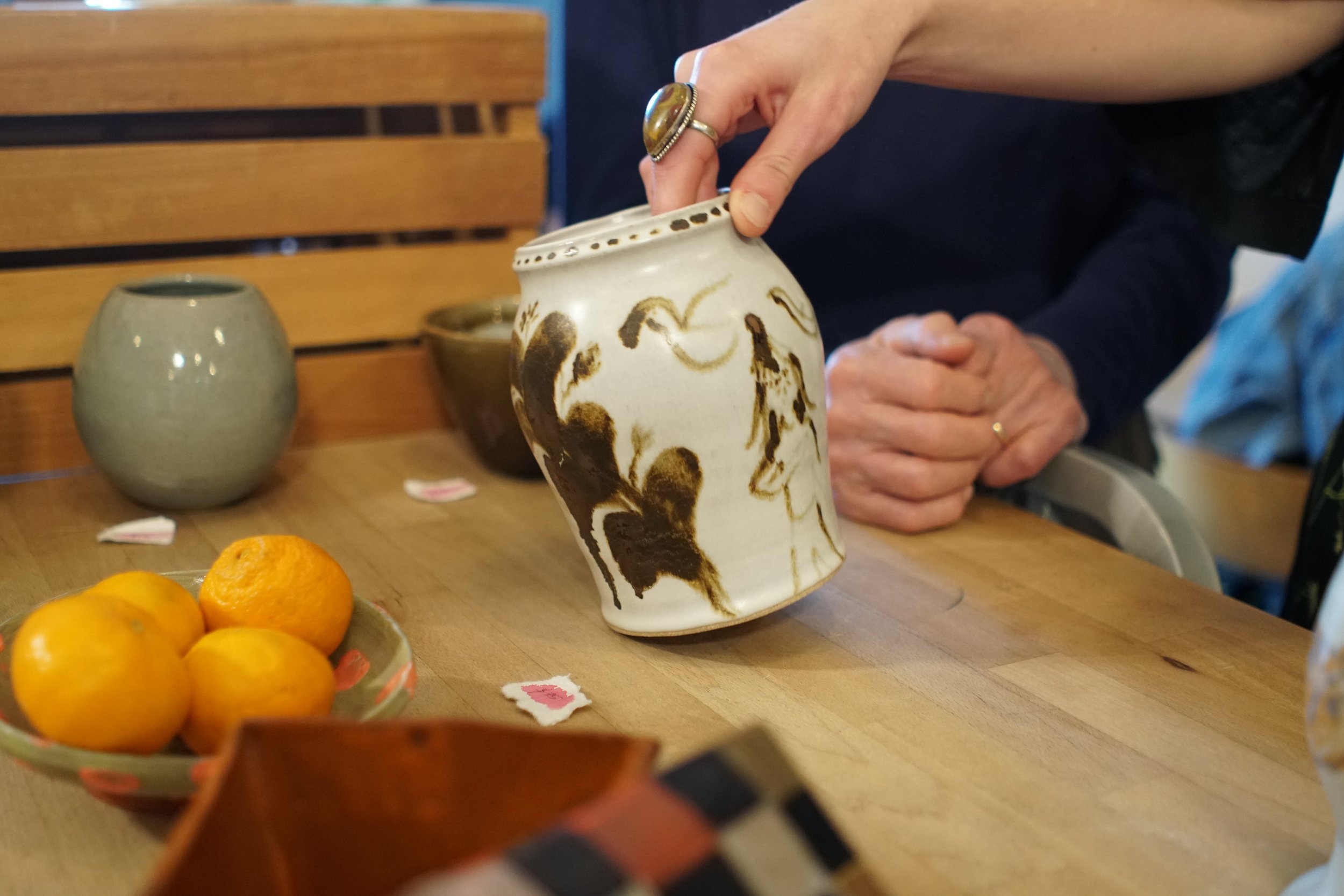 Thrown stoneware jug with oxide decoration. 2024.