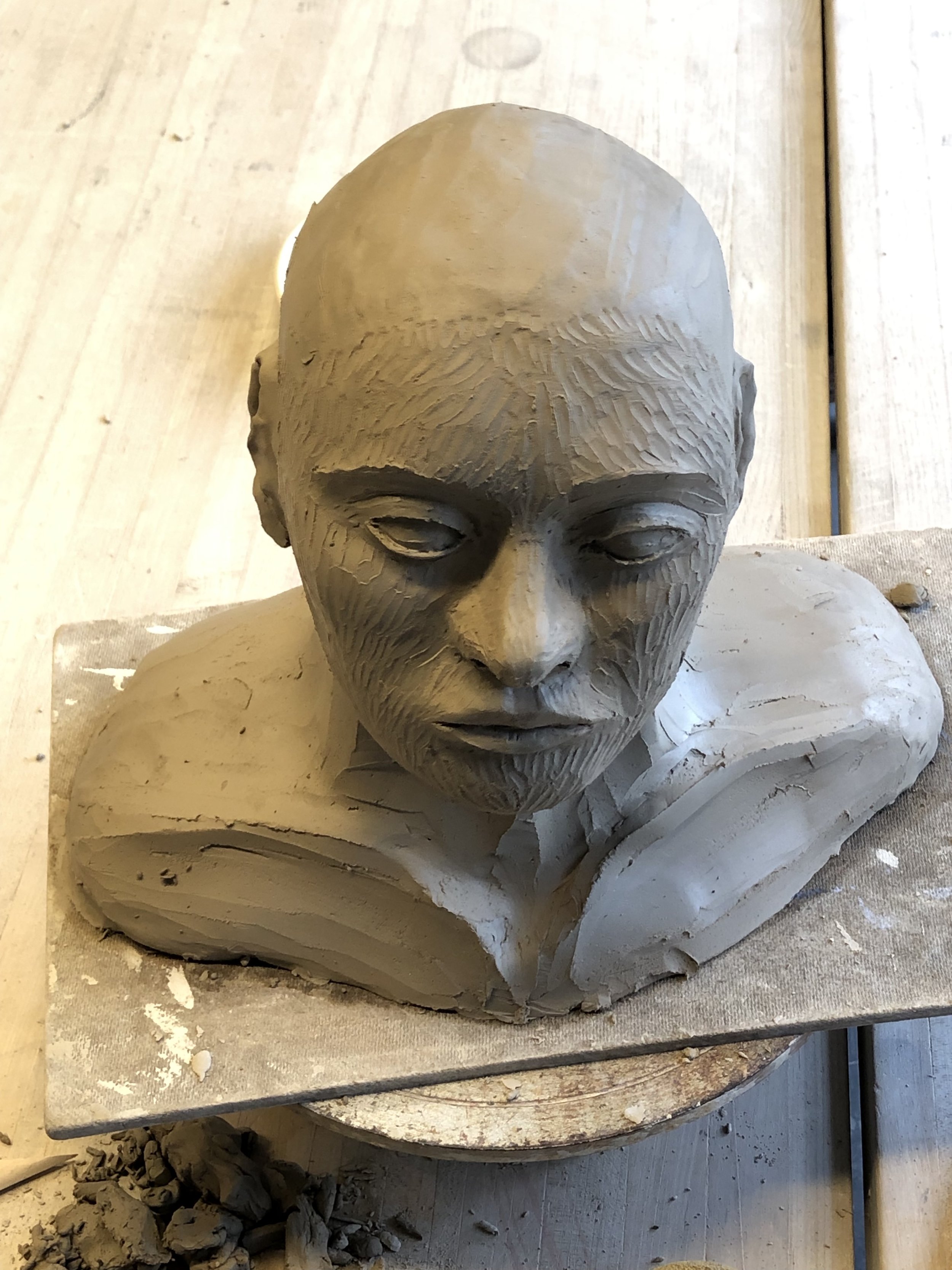 Hand-built stoneware bust, greenware stage. 2020.