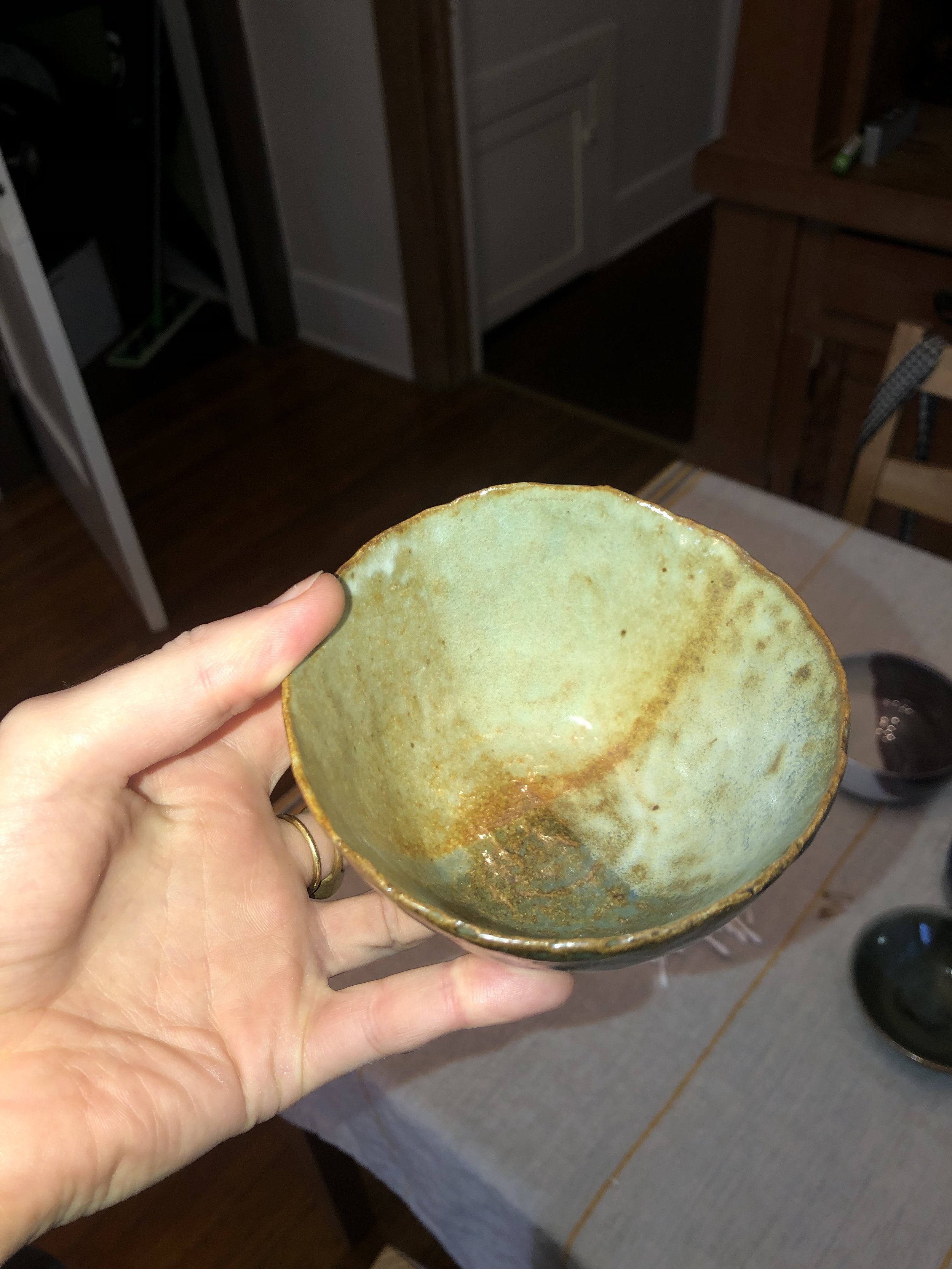 Hand-built stoneware bowl with 4 glazes. 2023.
