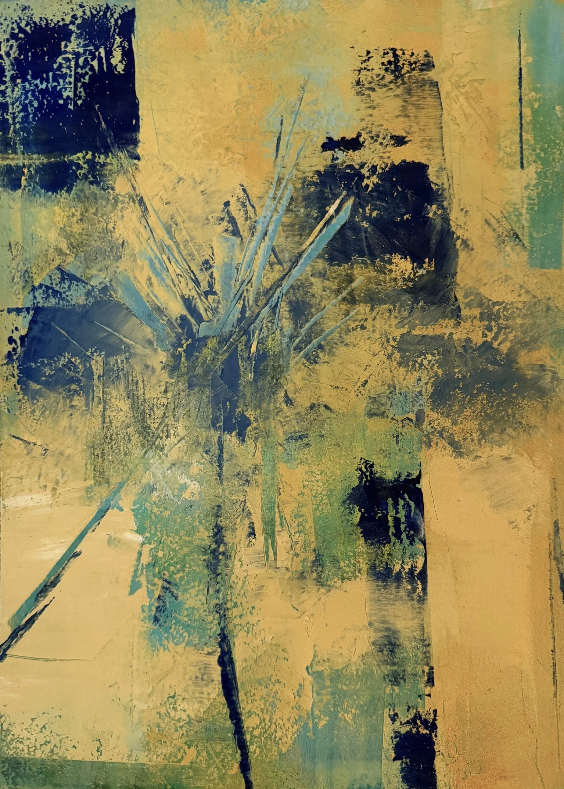 NEW – Yellow Splash, Oil and Cold Wax on Paper, 9”x12”
