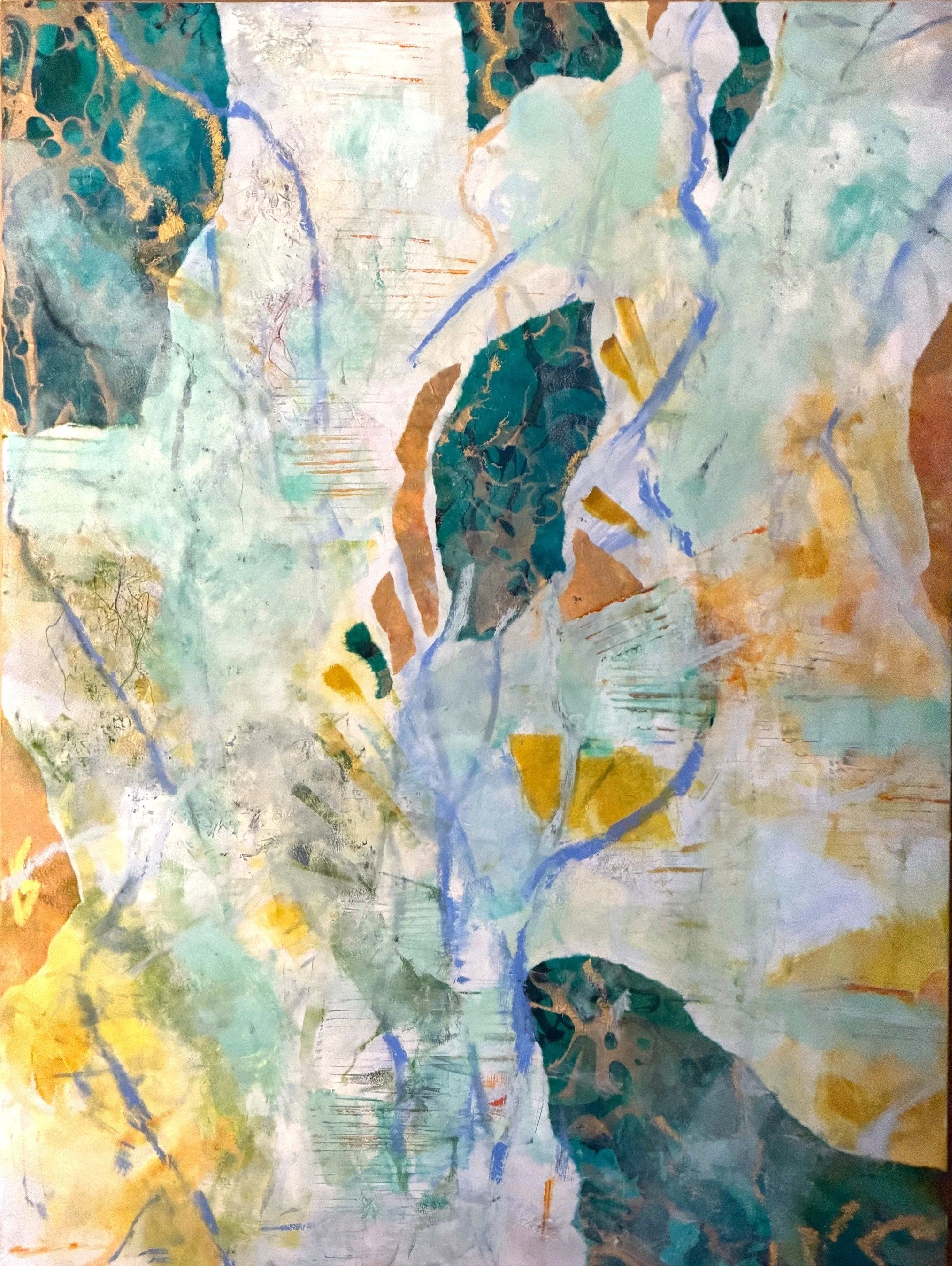 NEW – Memories, Oil, Cold Wax, Collage, and Mixed Media on Panel, 40”x30”