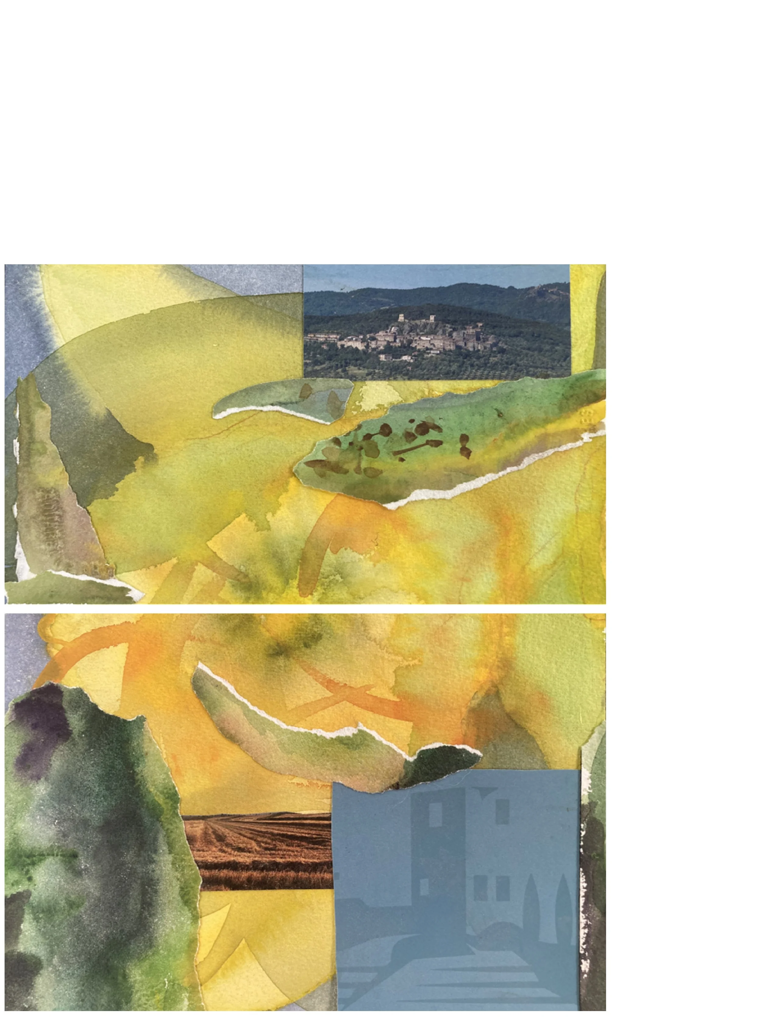 Tuscan Winery diptych, watercolor and collage, 12"x9"