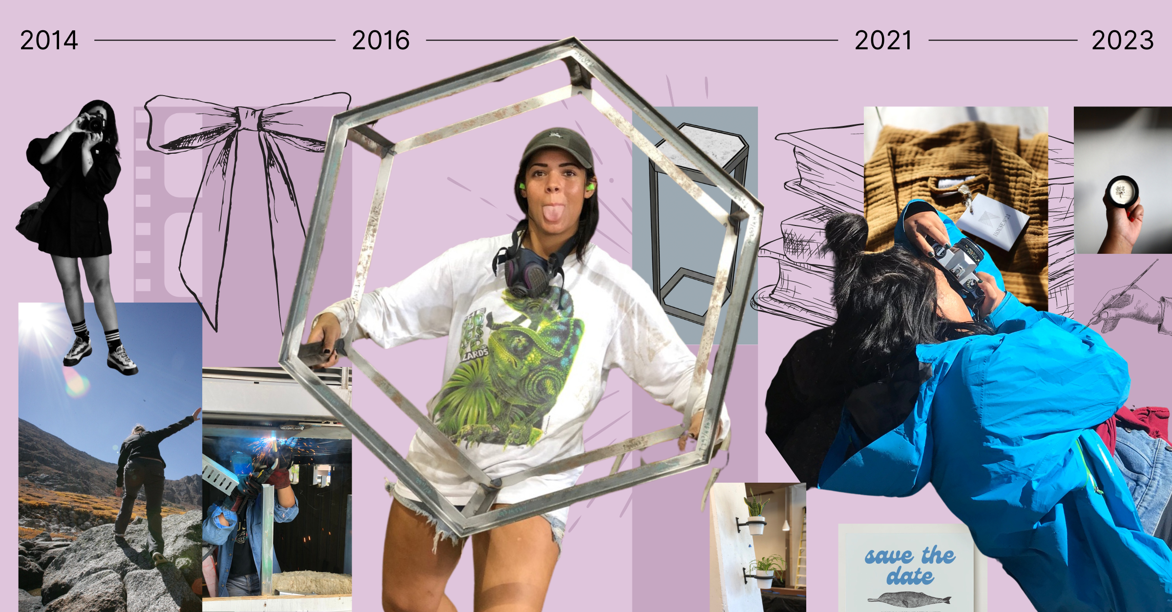Collage depicting a timeline from 2014 to 2023 with images of various activities: photography, welding, hiking, and drawing on a lavender background. Featured elements include a bow drawing, geometric shapes, and text 'save the date.'