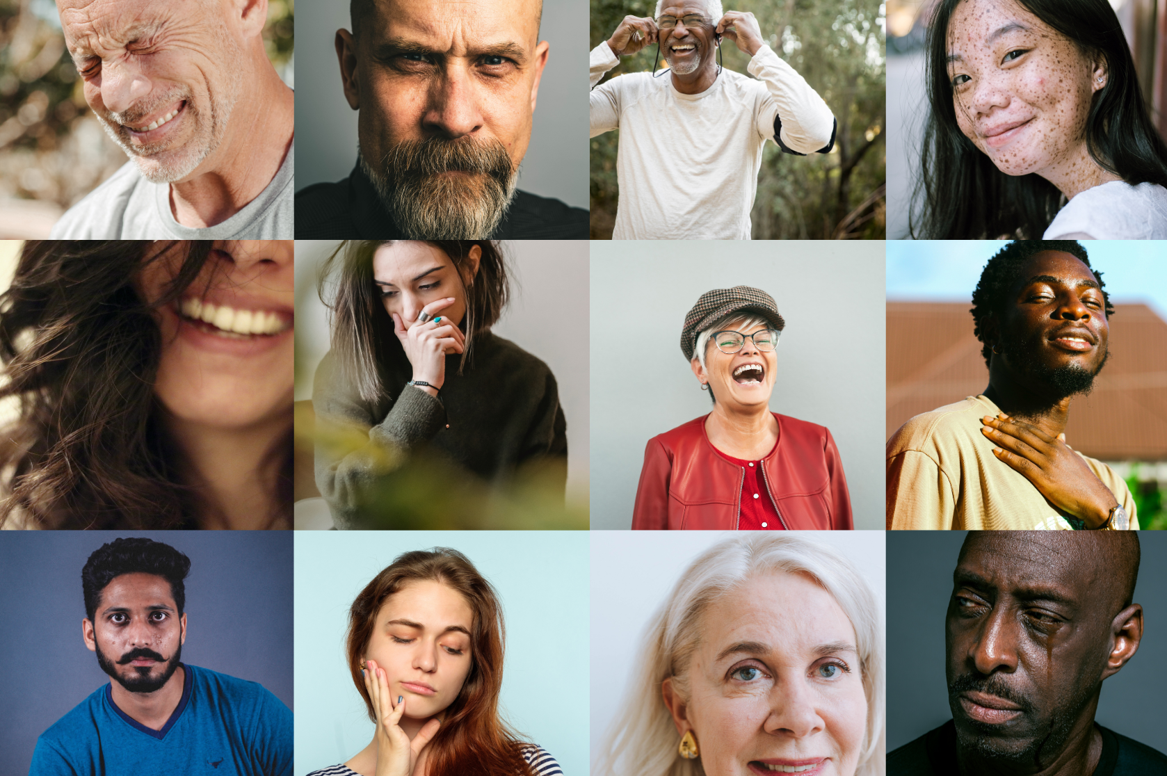Collage of diverse individuals displaying various emotions, including joy, contemplation, and laughter.