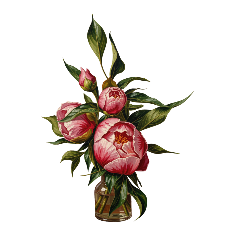 A clear glass vase holding a bouquet of pink peonies with green leaves.