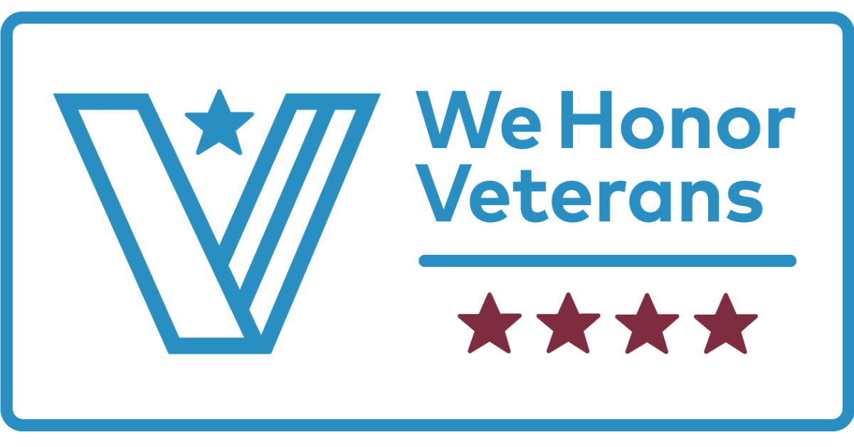 Logo with the text 'We Honor Veterans' and a check mark symbol above the text.