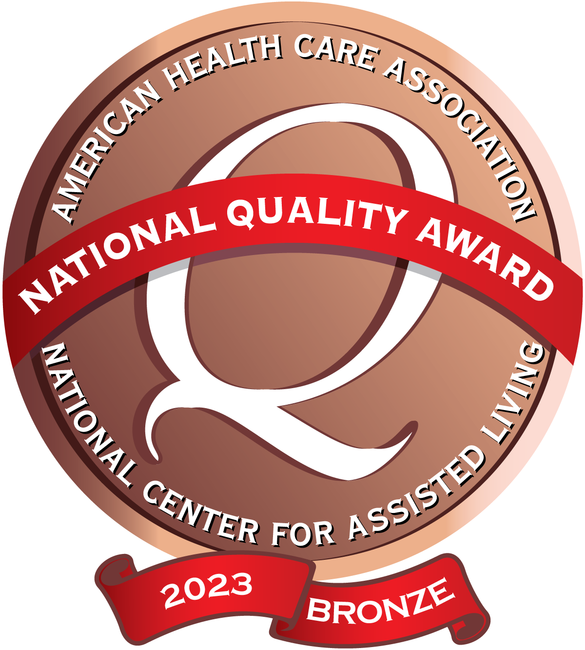 Badge with a red ribbon and white center indicating a 2023 award from the National Quality Award and the Center for Assessment.