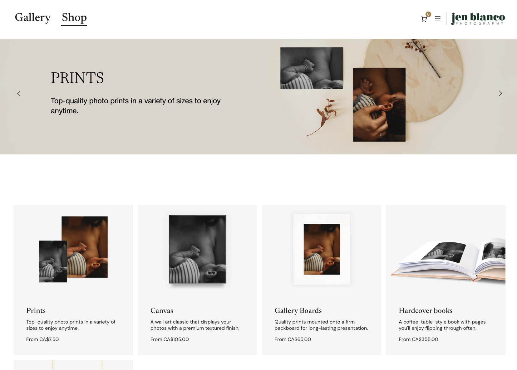 Screenshot of a website homepage for Jen Blanco Photography showcasing available photo print options, including prints, canvas prints, gallery boards, and hardcover books, with a minimalist design and neutral color scheme.