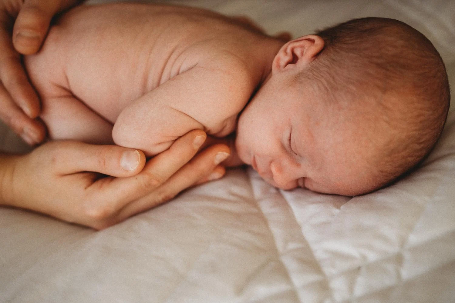Newborn baby sleeping on a bed while being held by his parents, we only see the hand gently cupping the baby at an in-home newborn photo session