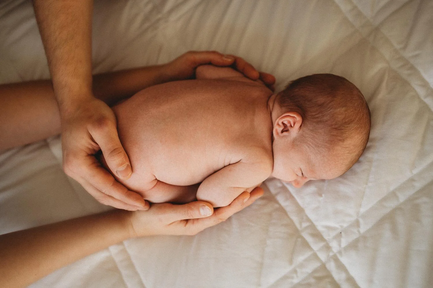 Newborn baby laying in bed belly down while being held by the hands of his parents, holding him softly during an in-home photoshoot in Montreal