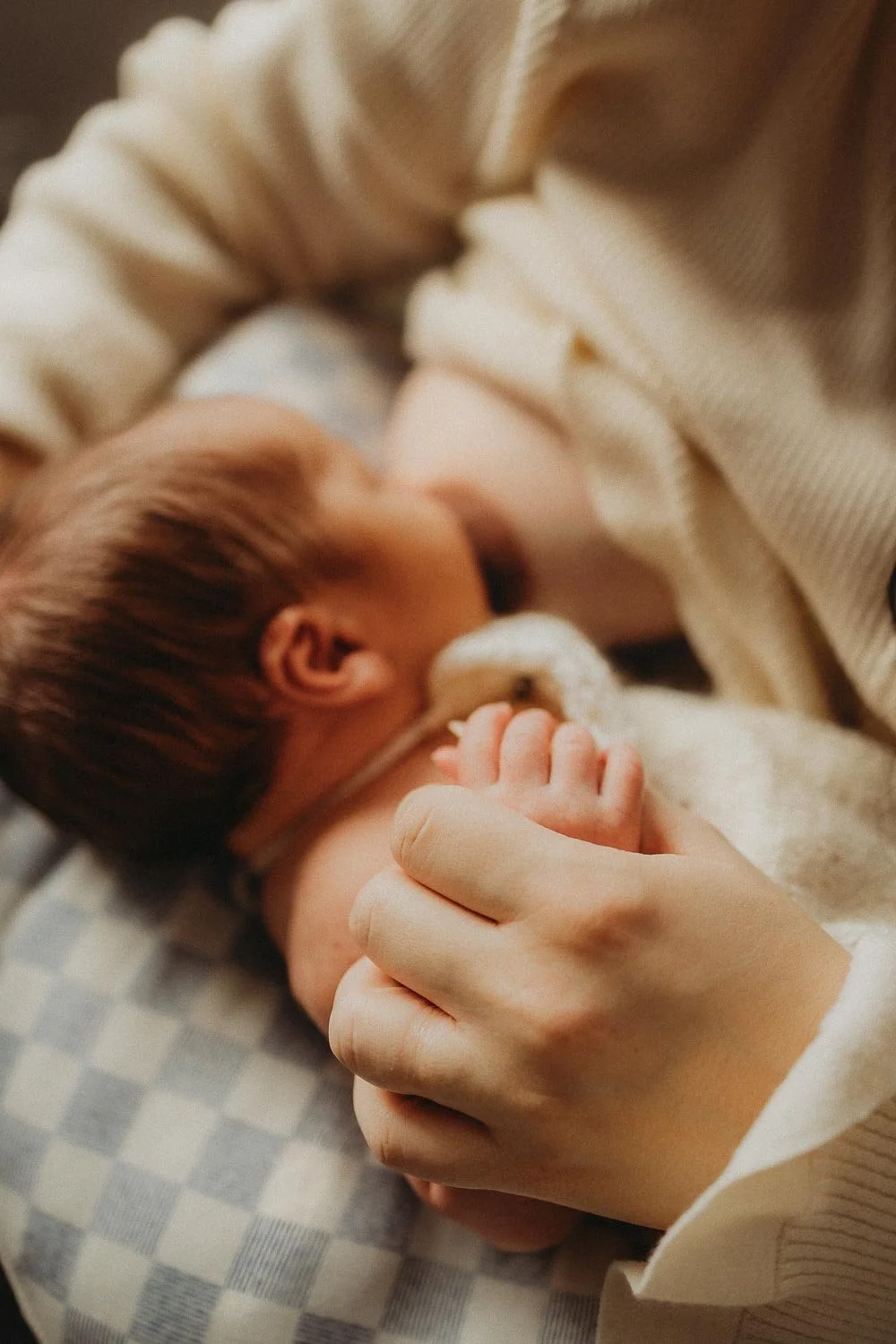 Close-up of a newborn baby holding an adult's finger, lying on a checkered blanket during an in-home newborn photo session at Montreal, Quebec