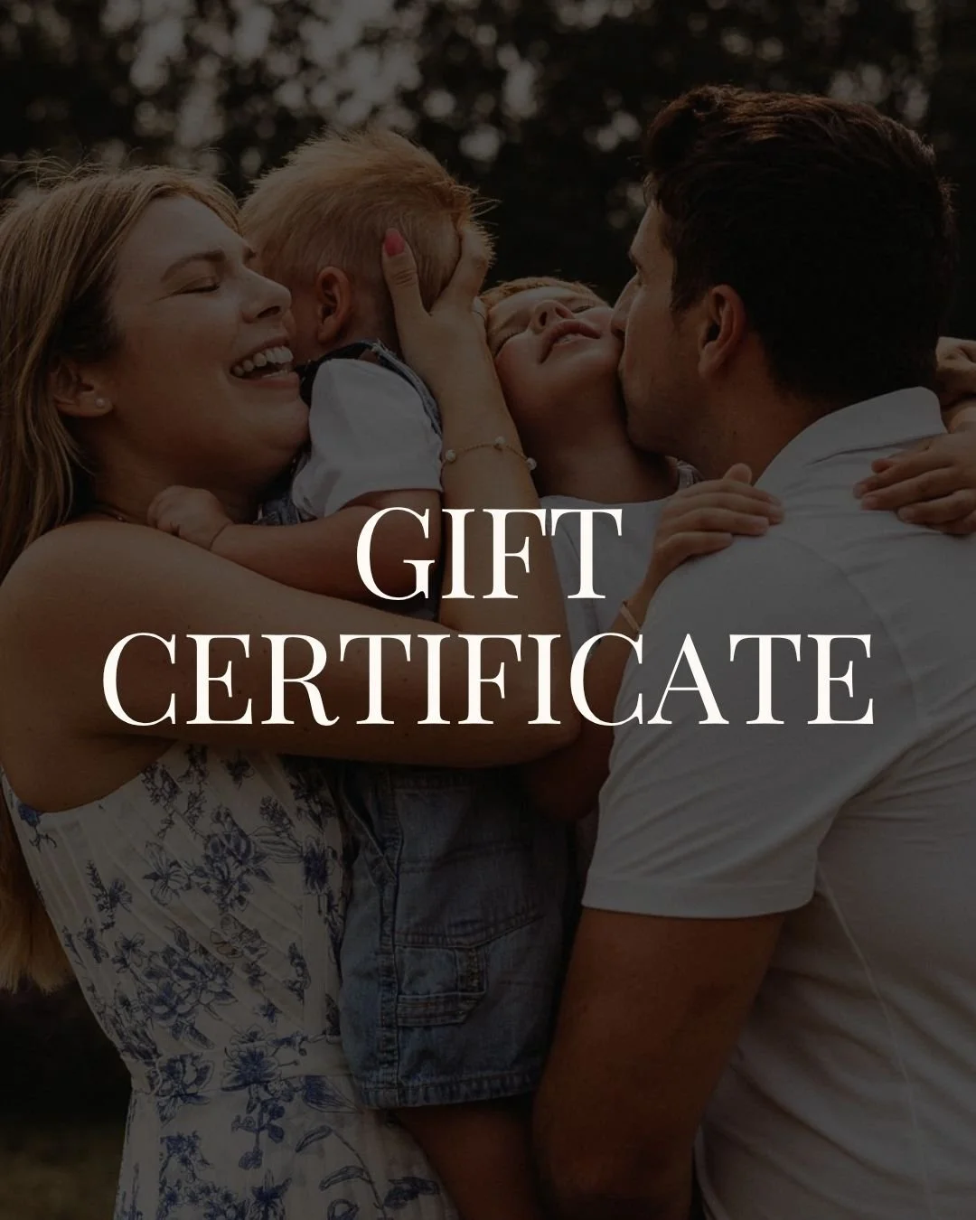 A family embracing and sharing a joyful moment outdoors, with the text "Gift Certificate" overlaid.