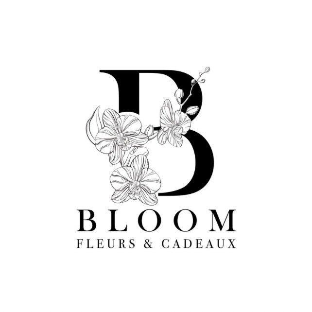 A black and white logo for Bloom Fleurs & Cadeaux with a large stylized letter D, floral illustrations, and text.