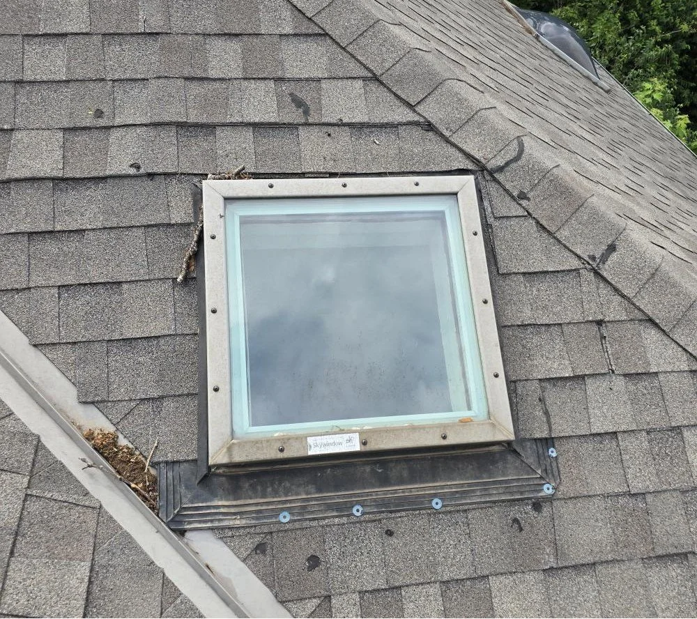 skylight installed on shingle roof showing flashing area where leaks commonly occur