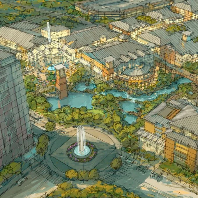 Pellissippi Research and Technology Center.   Aerial illustration from a strategic plan developed by J. Richard Hill & Co for a new mixed use technology center with residential and residential by J. Richard Hill & Co. and illustrated by Scott Lockard
