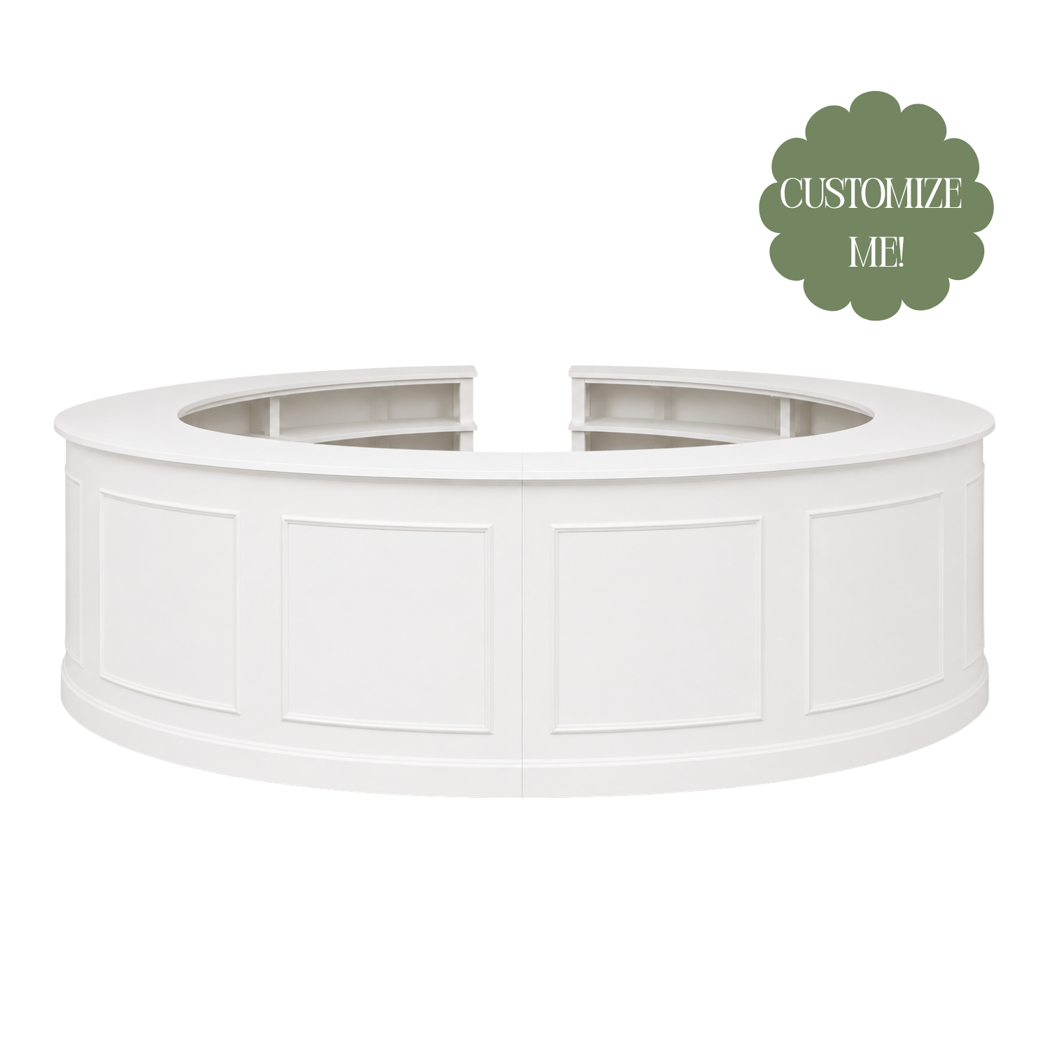 a customizable white modular wedding bar that can be configured as a semi-circle or full 360-degree circular bar based in Savannah, GA