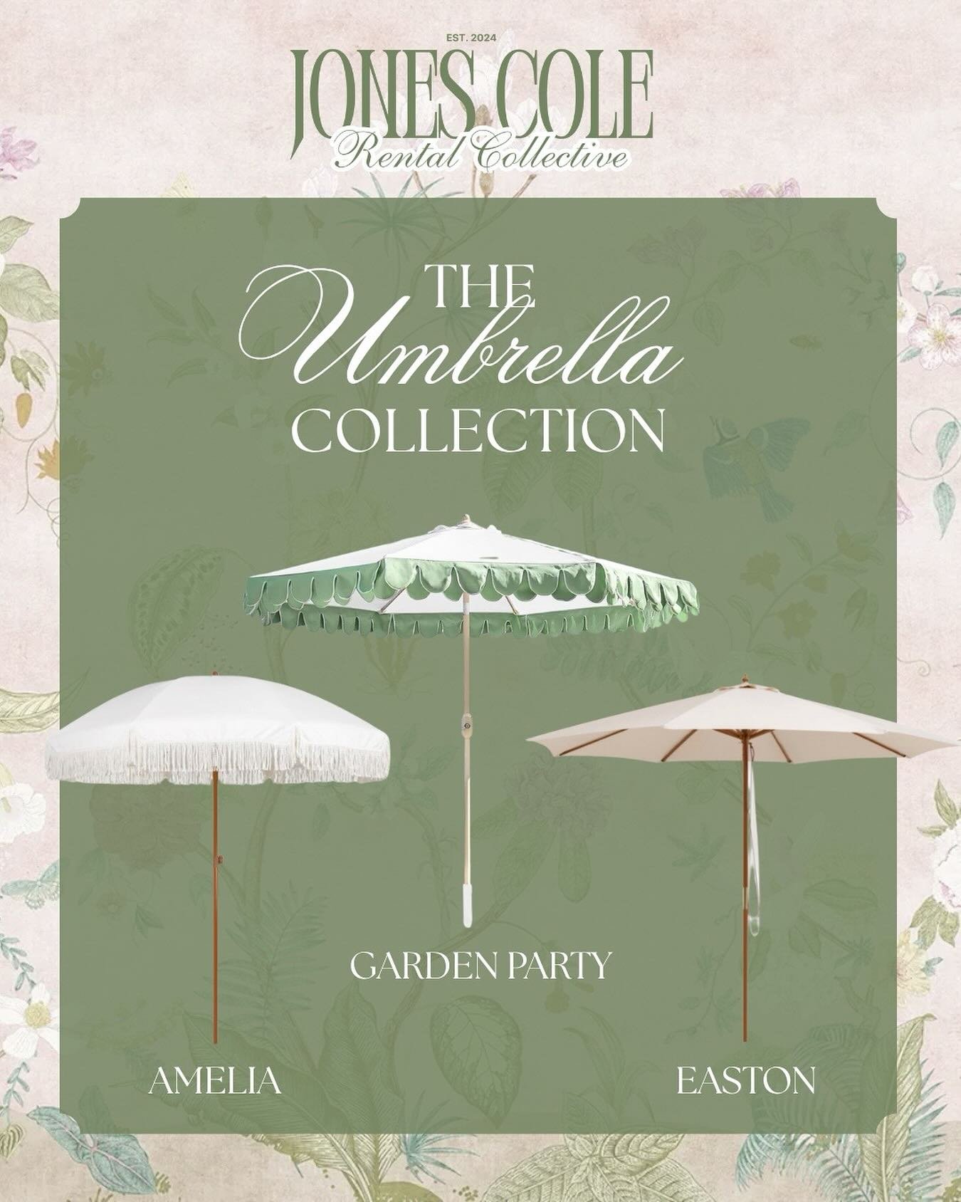 Add a little elegance (and shade!) to your celebration ✨

Our umbrella collection &mdash; featuring the Amelia, Garden Party, and Easton Umbrellas &mdash; is perfect for creating stylish moments during cocktail hour, providing ceremony shade, or fram